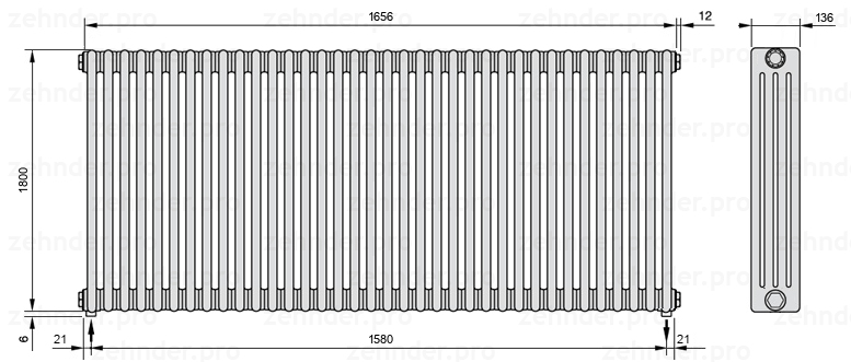 Схема (чертеж) Радиатор Zehnder Charleston 4180/36 №5310 Белый глянцевый RAL 9016
